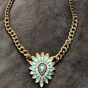 Aztec design gold and teal necklace